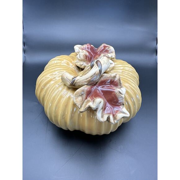 Large Lifelike Ceramic Pumpkin with Applied Leaves Golden Color Fall Decor 7" - Picture 4 of 8